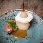 Amaretto-Poached-Pear-with-dark-chocolate-mousee