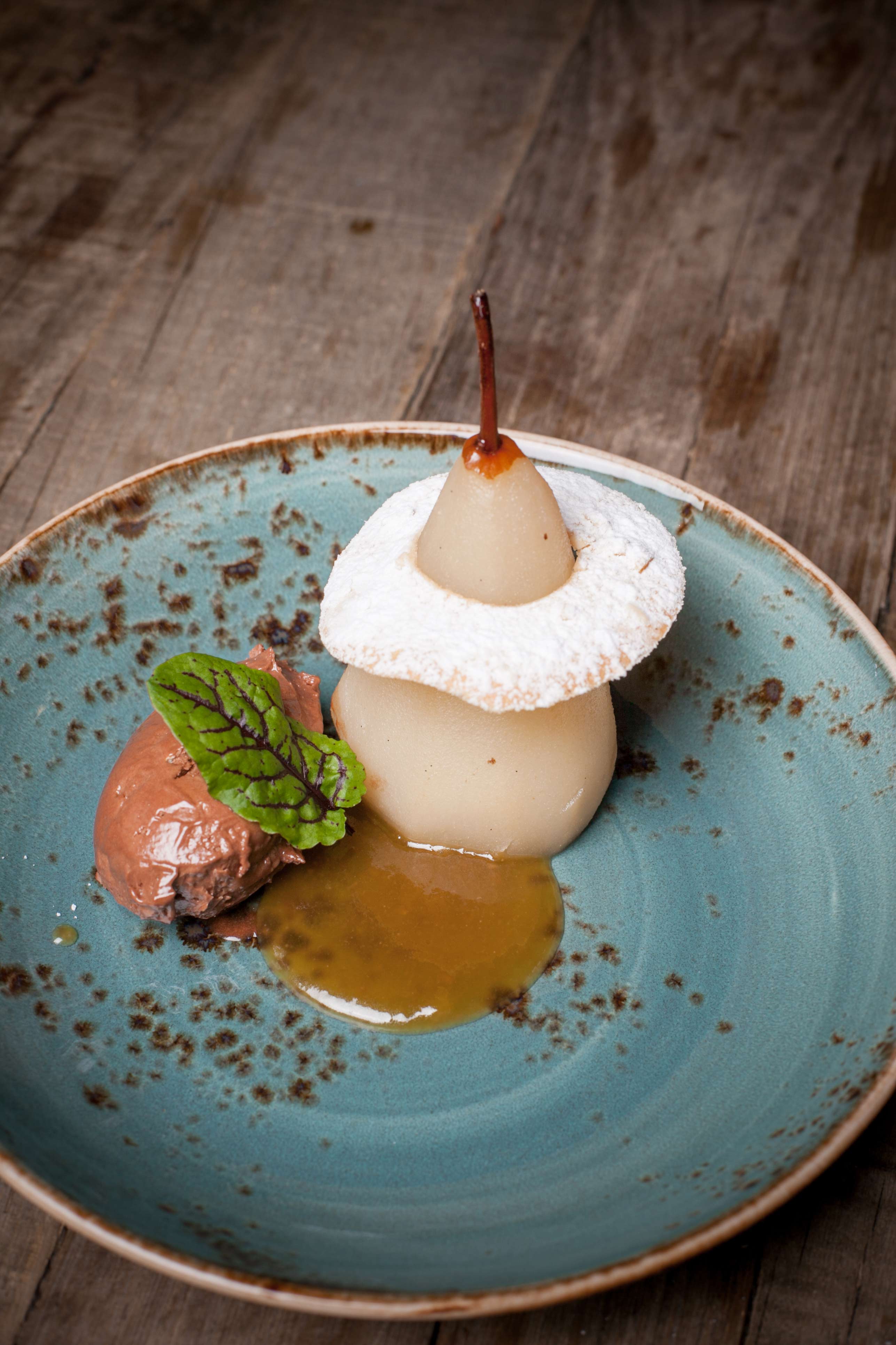 Amaretto-Poached-Pear-with-dark-chocolate-mousee